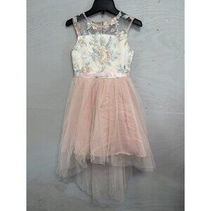 Rare Editions Girl's Blush Embroidered Mesh High-Low Dress, size 8